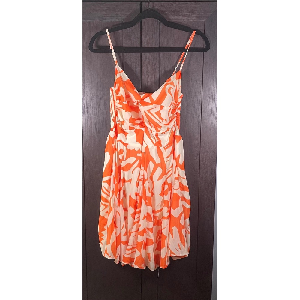 Flying Tomato Orange Cream Abstract Print Mini Dress Smocked Back Size L NEW